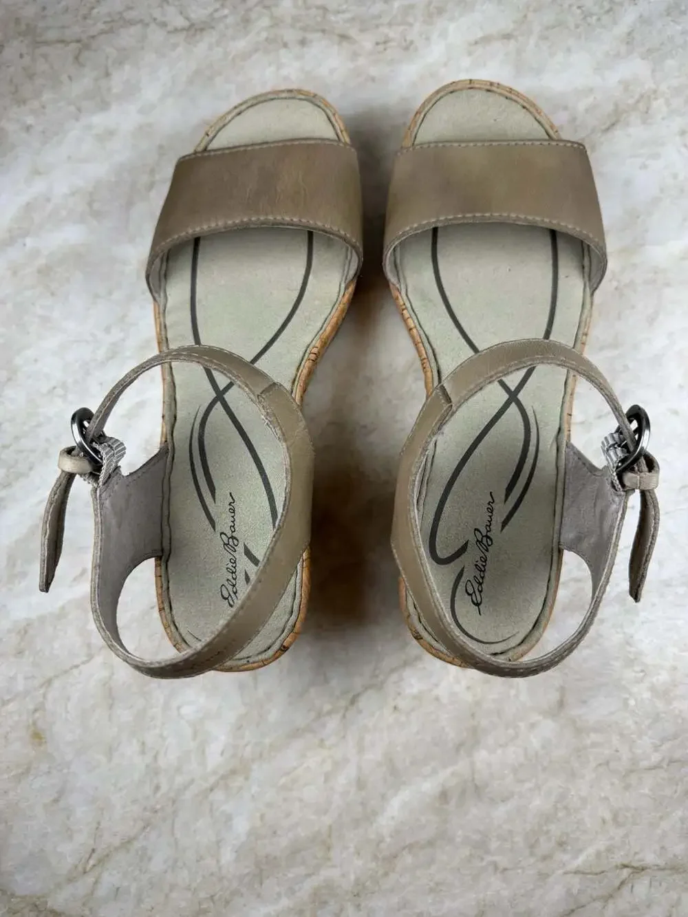 Eddie Bauer Kara Cork Wedge Sandals Taupe Leather Ankle Strap Women 6.5
